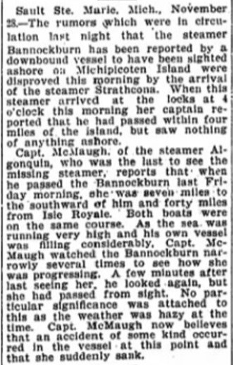 Newspaper account of the Bannockburn. From Shipwrecks of the Great Lakes: The Ghost Ship S.S. Bannockburn